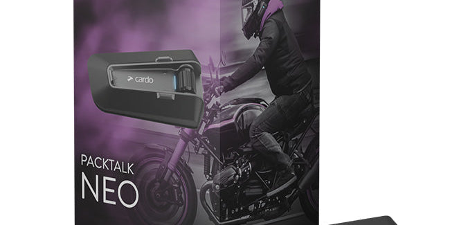 Cardo Systems NZ | Showing an image of a Cardo Packtalk NEO next to its packaging