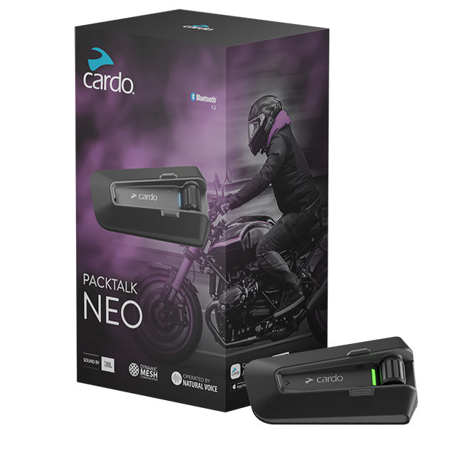 Cardo Systems NZ | Showing an image of a Cardo Packtalk NEO next to its packaging